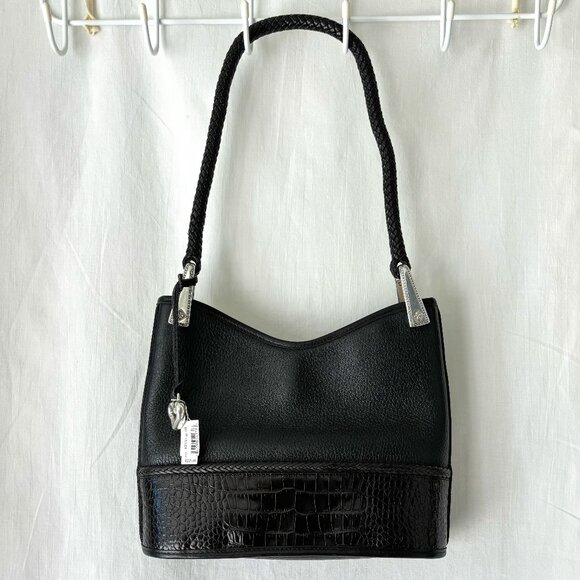 Brighton Gina Black Pebbled and Embossed Trim Leather Hobo Bag - Picture 1 of 7